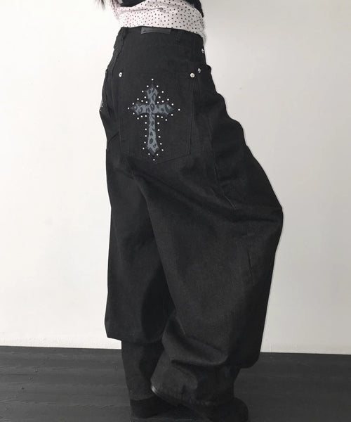レオパード柄クロス刺繍カーブデニムパンツ / 15561