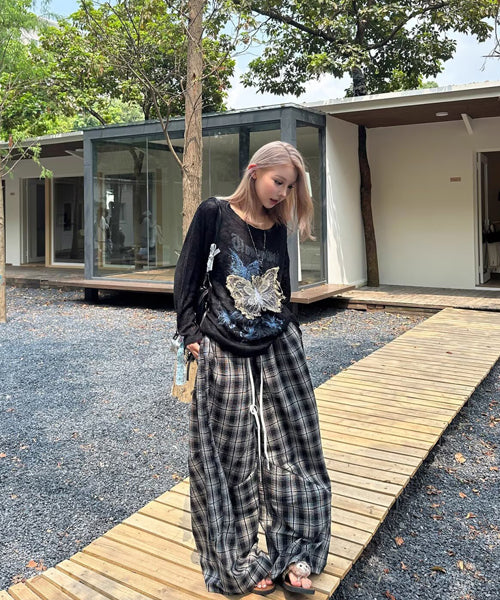 ダブルウエストチェック柄ワイドパンツ / 15558
