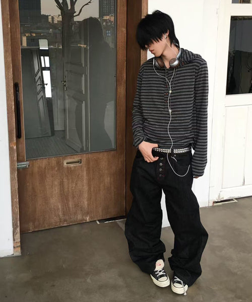 フード付きボーダー柄ヘンリーネックロンT / 16488