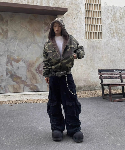 カモフラージュ柄ファーフードブルゾン / 15453