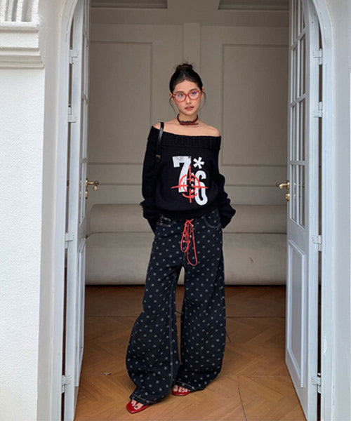 レースアップ星柄ワイドデニムパンツ / 15541