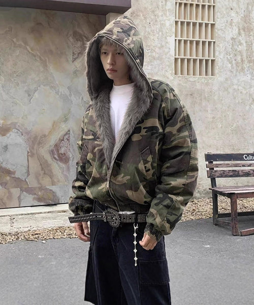 カモフラージュ柄ファーフードブルゾン / 15453