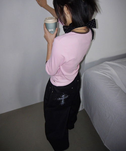 レオパード柄クロス刺繍カーブデニムパンツ / 15561