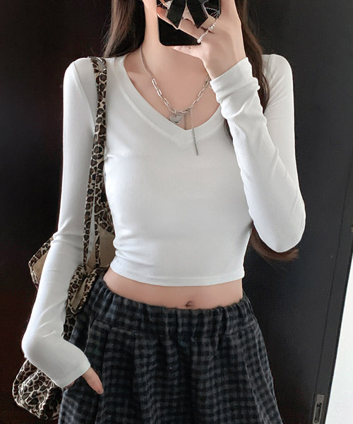 ショート丈VネックロンT / 15137