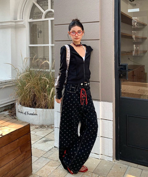 レースアップ星柄ワイドデニムパンツ / 15541