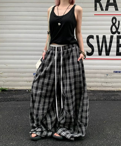 ダブルウエストチェック柄ワイドパンツ / 15558