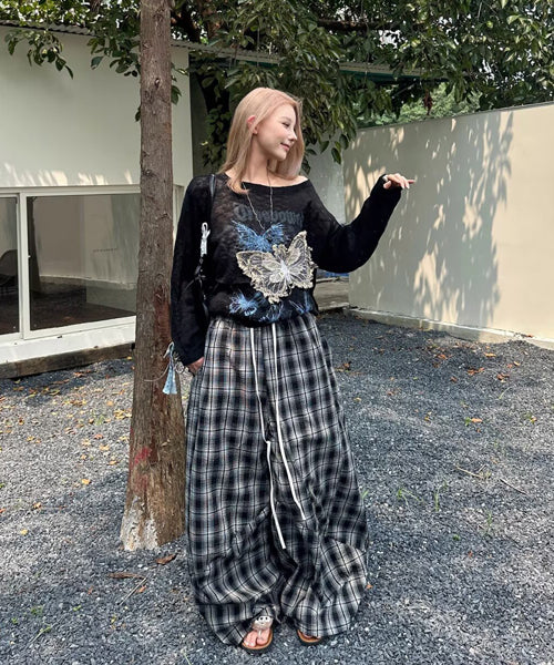 ダブルウエストチェック柄ワイドパンツ / 15558