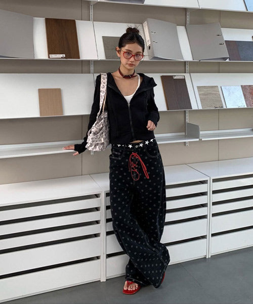 レースアップ星柄ワイドデニムパンツ / 15541