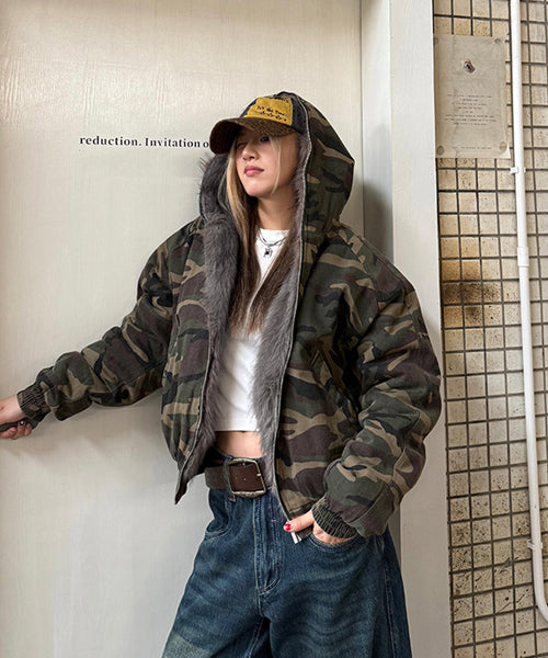 カモフラージュ柄ファーフードブルゾン / 15453