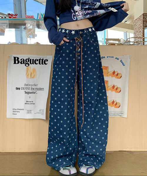 レースアップ星柄ワイドデニムパンツ / 15541