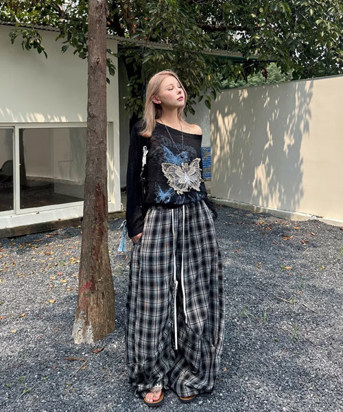 ダブルウエストチェック柄ワイドパンツ / 15558