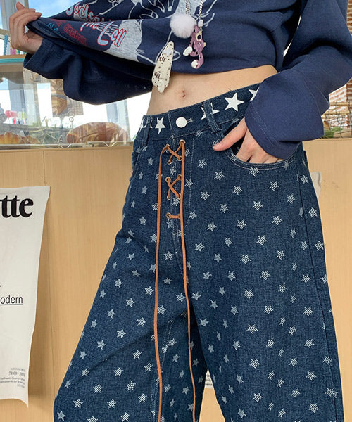 レースアップ星柄ワイドデニムパンツ / 15541