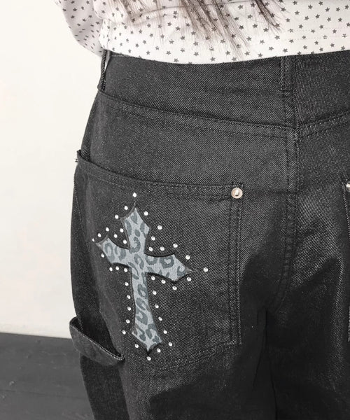 レオパード柄クロス刺繍カーブデニムパンツ / 15561