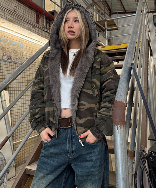 カモフラージュ柄ファーフードブルゾン / 15453