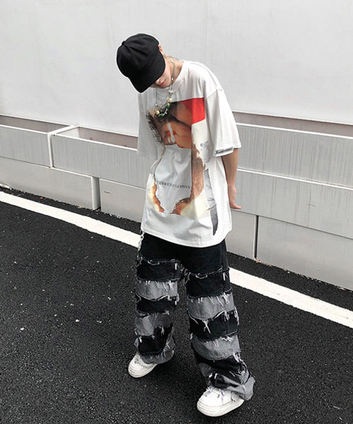 ボーダーダメージ加工ワイドデニムパンツ / 15595