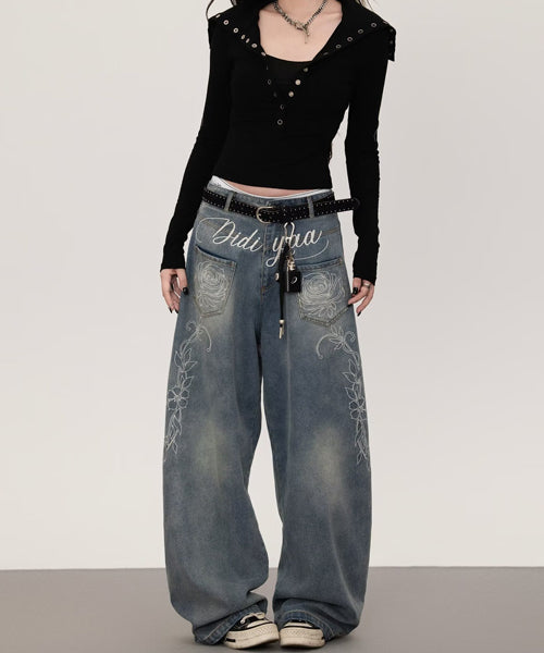 ローズ刺繍ワイドデニムパンツ / 15658