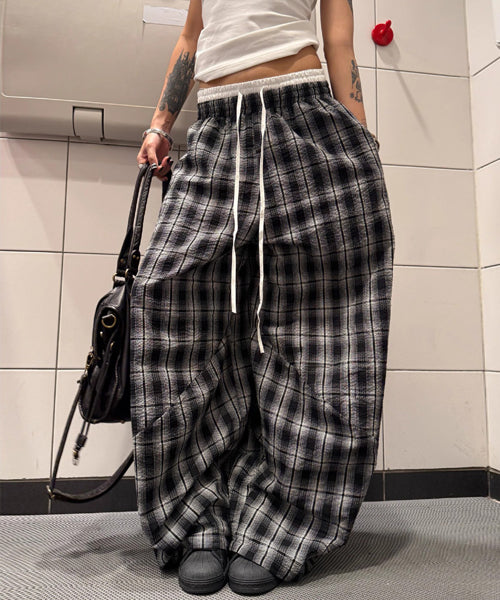 ダブルウエストチェック柄ワイドパンツ / 15558