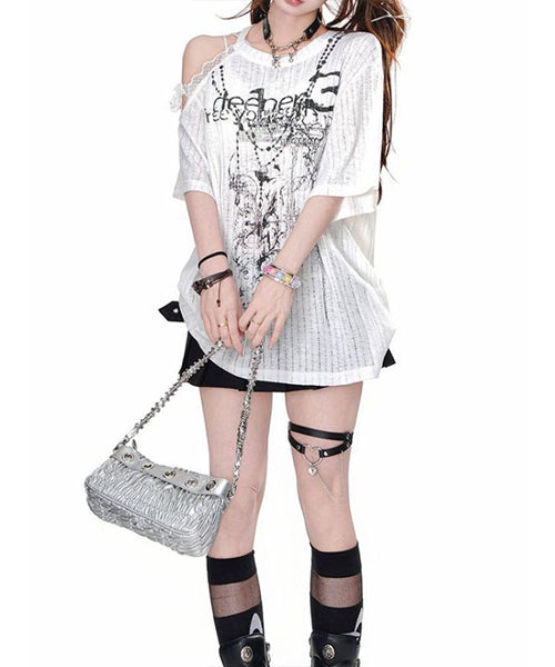 レースワンショルダーダメージ加工Tシャツ / 15752