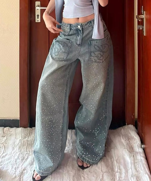ラインストーンロゴ刺繍ワイドデニムパンツ / 15700