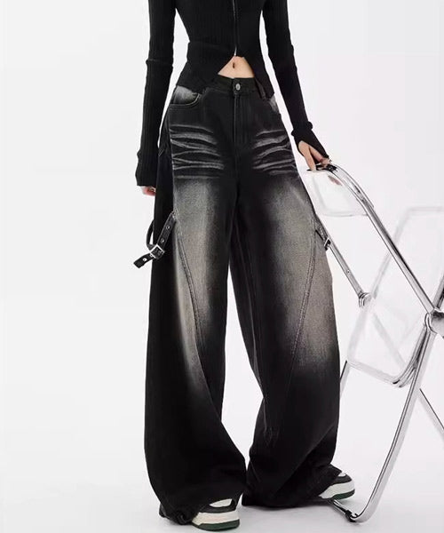 サイドベルトブラックデニムパンツ / 15454