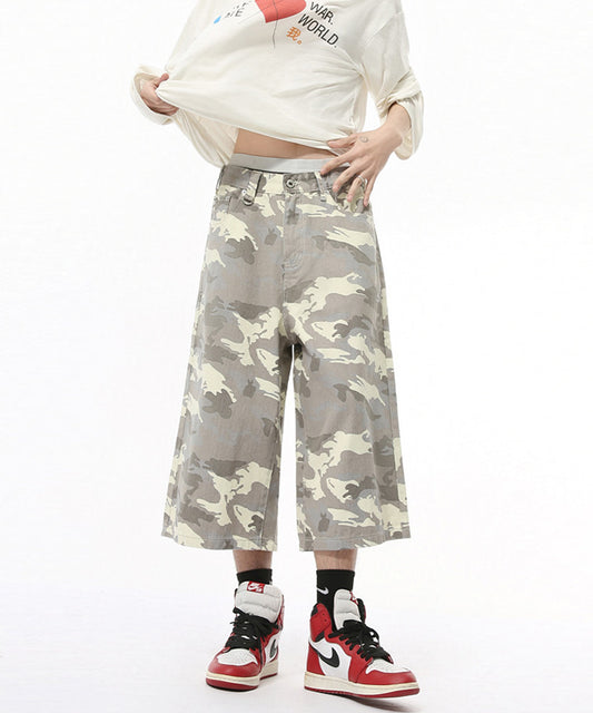 Dカン付きユーズド加工ワイドデニムハーフパンツ / 15793