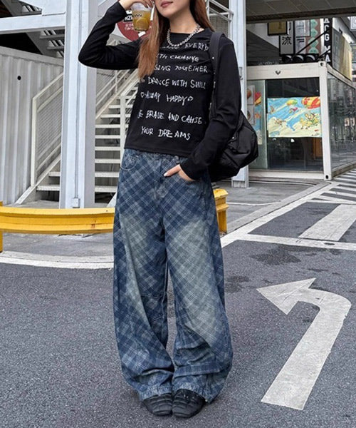 チェック柄カーブデニムパンツ / 15494