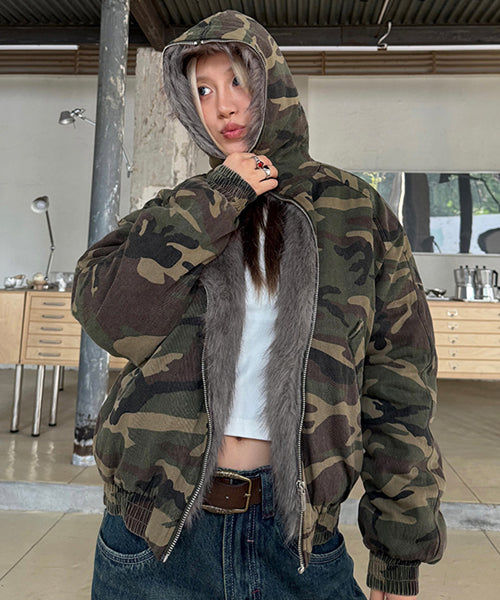 カモフラージュ柄ファーフードブルゾン / 15453