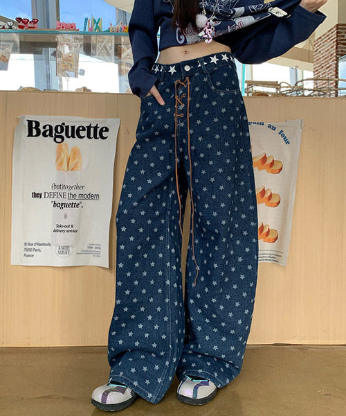 レースアップ星柄ワイドデニムパンツ / 15541