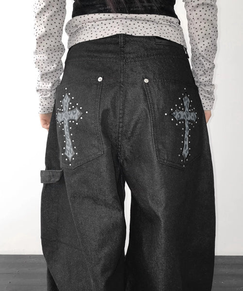 レオパード柄クロス刺繍カーブデニムパンツ / 15561