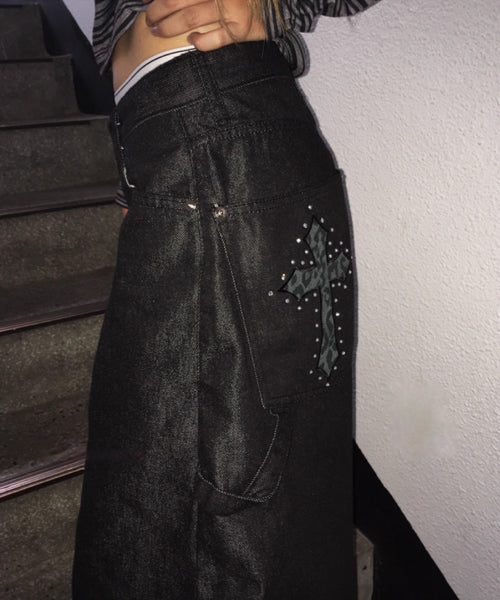 レオパード柄クロス刺繍カーブデニムパンツ / 15561