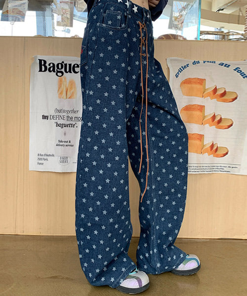 レースアップ星柄ワイドデニムパンツ / 15541