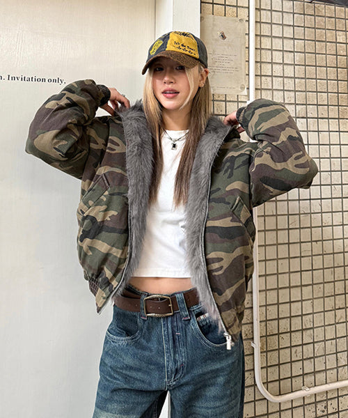 カモフラージュ柄ファーフードブルゾン / 15453