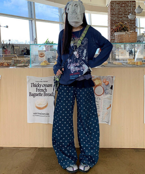 レースアップ星柄ワイドデニムパンツ / 15541