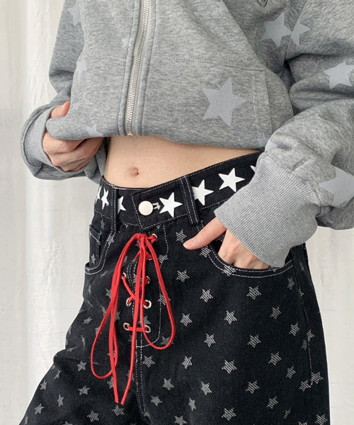 レースアップ星柄ワイドデニムパンツ / 15541