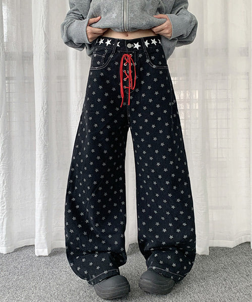 レースアップ星柄ワイドデニムパンツ / 15541