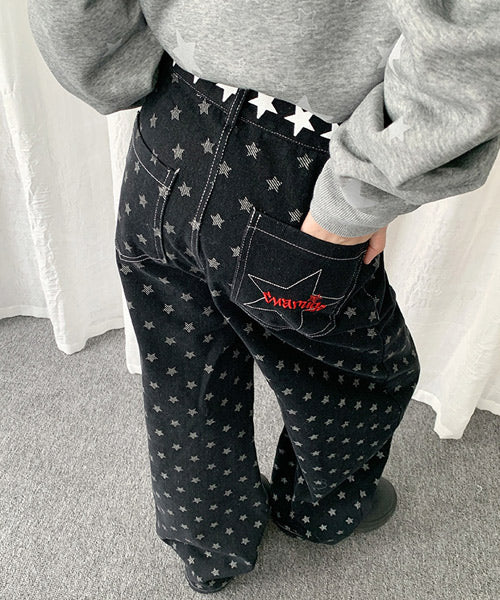 レースアップ星柄ワイドデニムパンツ / 15541