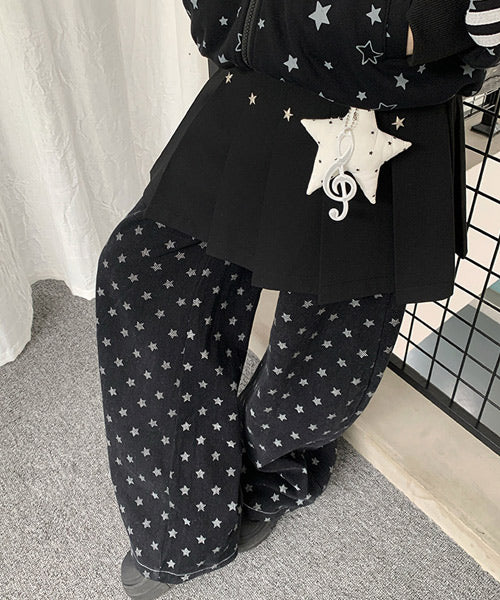 レースアップ星柄ワイドデニムパンツ / 15541