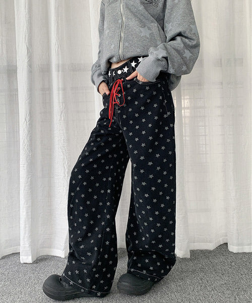 レースアップ星柄ワイドデニムパンツ / 15541