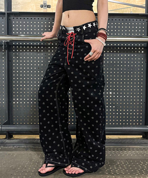 レースアップ星柄ワイドデニムパンツ / 15541