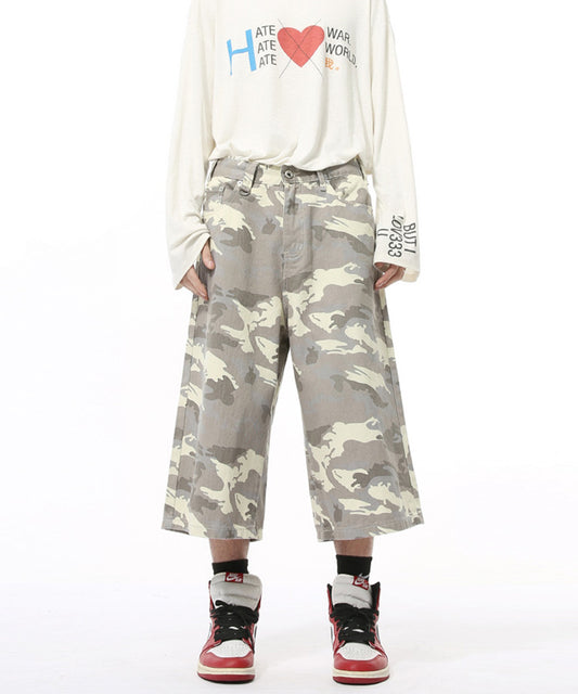 Dカン付きユーズド加工ワイドデニムハーフパンツ / 15793