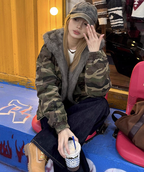 カモフラージュ柄ファーフードブルゾン / 15453