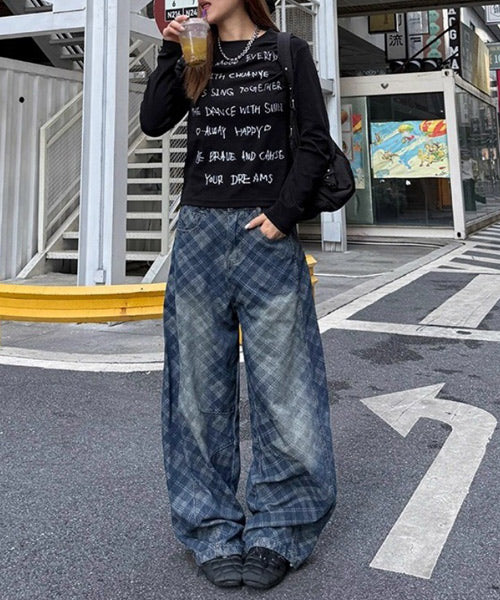 チェック柄カーブデニムパンツ / 15494