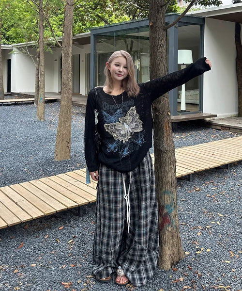 ダブルウエストチェック柄ワイドパンツ / 15558