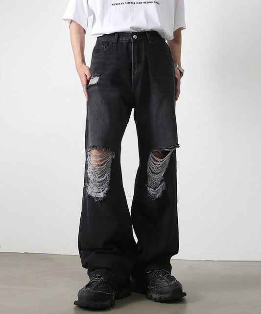 ダメージ加工ブラックワイドデニムパンツ