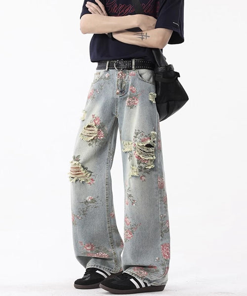 花柄ダメージ加工ルーズデニムパンツ / 15655