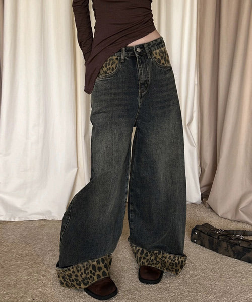 レオパード柄ロールアップワイドデニムパンツ / 15451