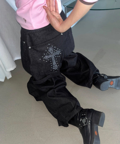 レオパード柄クロス刺繍カーブデニムパンツ / 15561