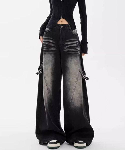 サイドベルトブラックデニムパンツ / 15454