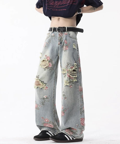 花柄ダメージ加工ルーズデニムパンツ / 15655