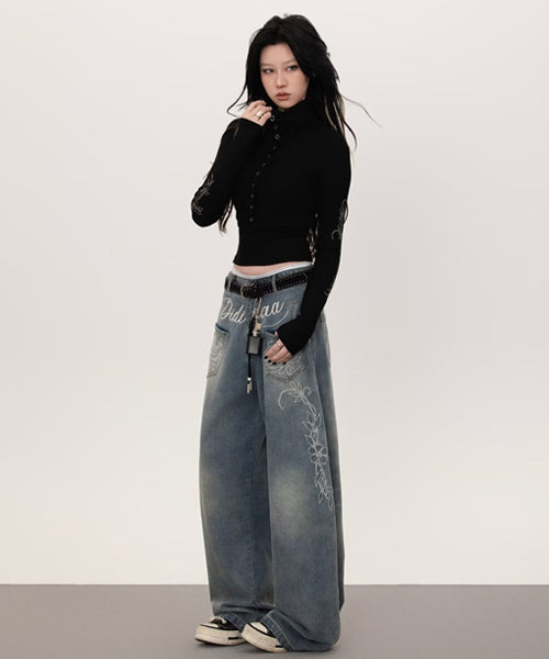 ローズ刺繍ワイドデニムパンツ / 15658